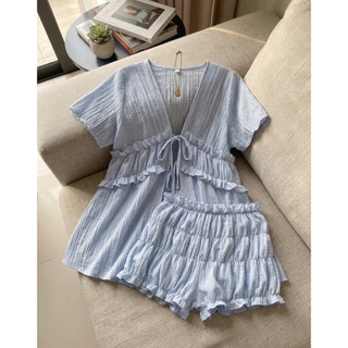 🏖️Sandy Day ชุดเซ็ต 2 ชิ้น เสื้อแขนสั้นผูกหน้า+กางเกงขาสั้นบอลลูน