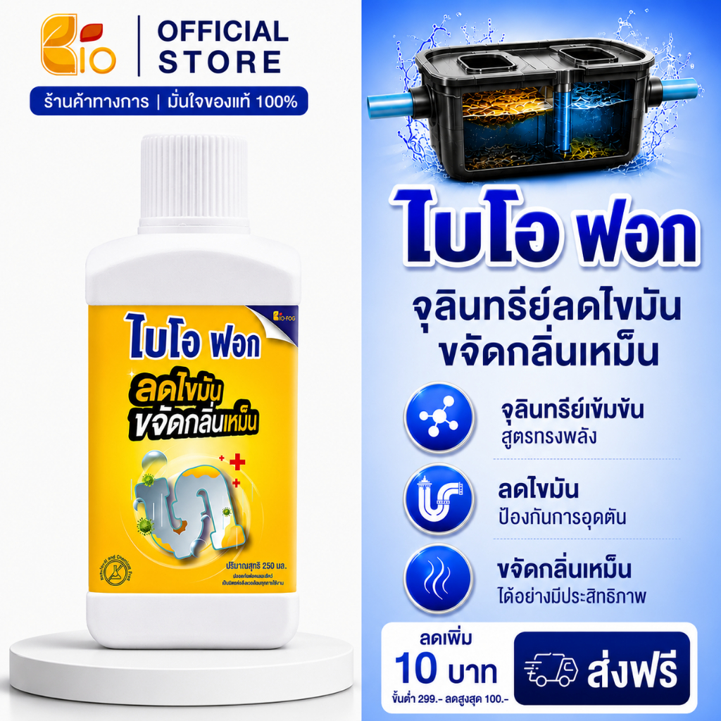 (ขวดเล็ก) ไบโอฟอก ขนาด 250ml. จุลินทรีย์ย่อยไขมัน ในอ่างล้างจ้านและห้องน้ำ ดับกลิ่นเหม็น สลายส้วมเต็ม ท่อตัน