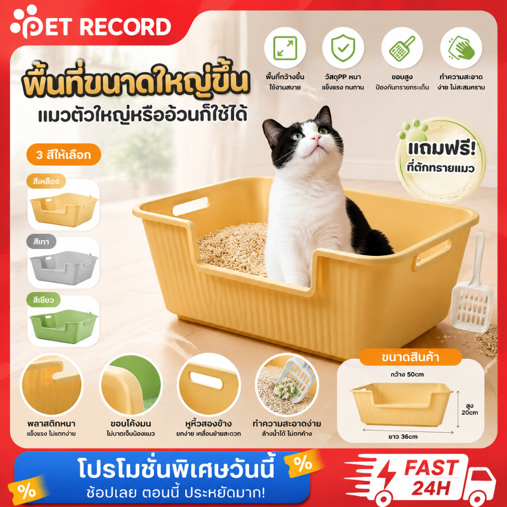กระบะทรายแมวกว้าง กระบะทราย ห้องน้ําแมว กระบะทรายแมวใหญ่ กะบะทรายแมวขอบสูง กะบะทรายแมวใหญ่ๆ