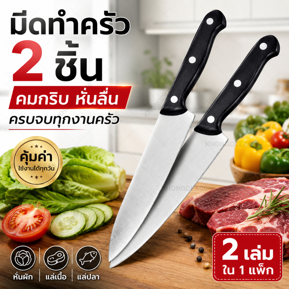 มีดในครัว มีดทำครัว หั่นผัก มีดทำกับข้าว หั่น แล่ เลาะ เนื้อสัตว์ หมู ไก่ ปลา ทำอาหาร อุปกรณ์เครื่องใช้ในครัว 2ชิ้นในแพค