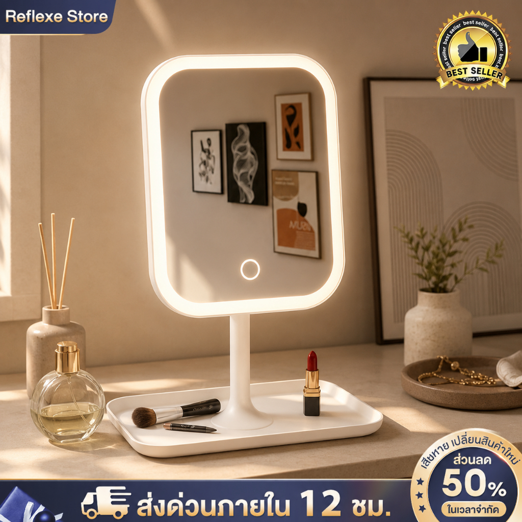 Reflexe🌟กระจกแต่งหน้า🌟LED กระจกโต๊ะเครื่องแป้ง HD แสงไฟ3สี ชาร์จUSB สามารถหมุนได้ 360° เรียบง่ายและมีสไตล์ makeup mirror