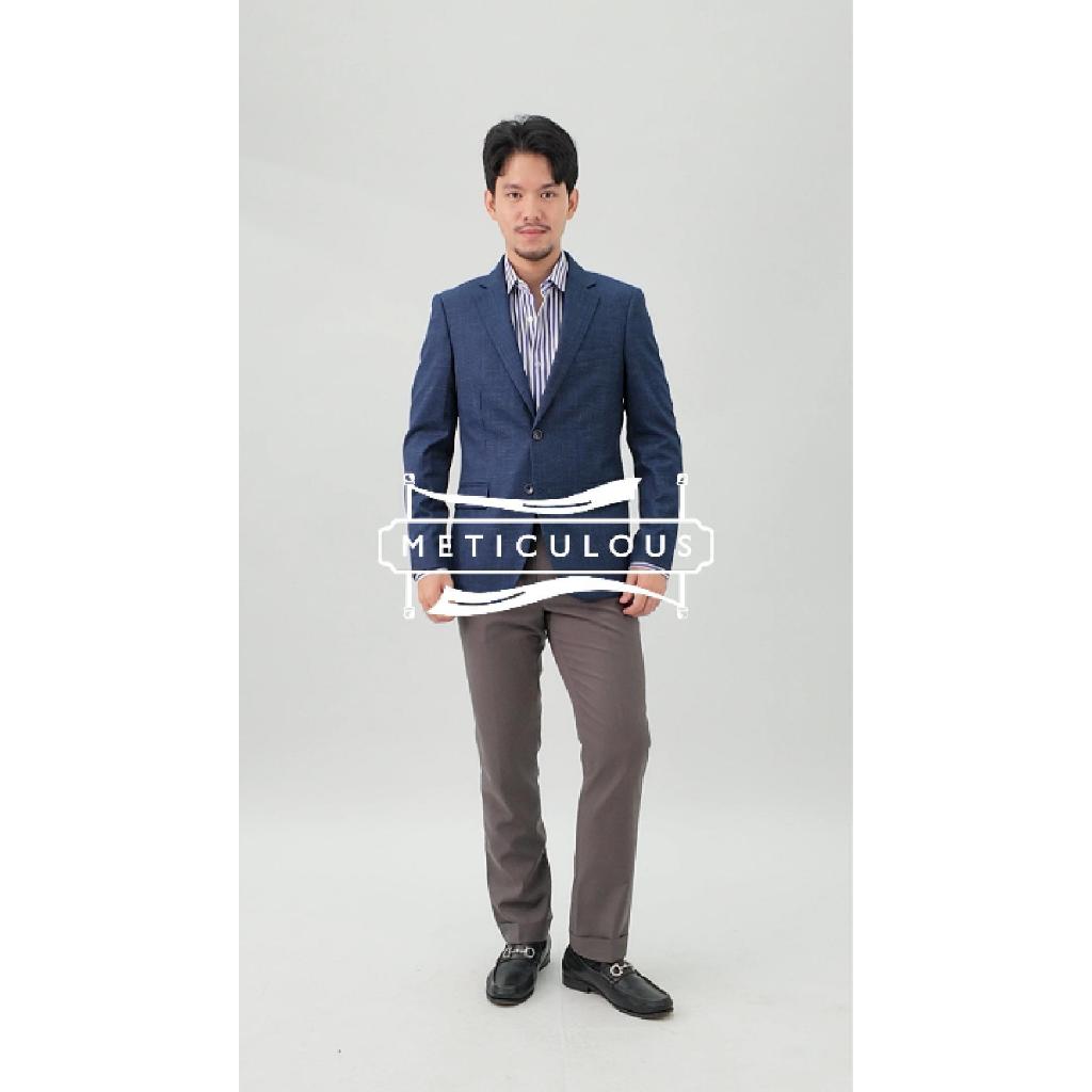 Meticulous เสื้อสูท เบลเซอร์ผู้ชายสีน้ำเงิน ผ้าวูลผสม ทรง SlimFit สูทใส่ทำงาน/งานแต่ง/ออกงาน