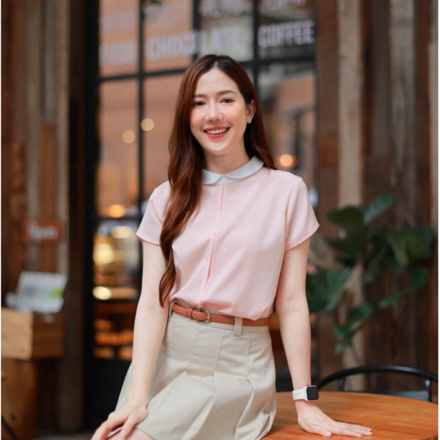 มีส่งด่วน!! สไตล์เสื้อปกบัวมินิแต่งแมทช์สี ดีเทลแต่งกุ๊นเส้น #l154shop_753