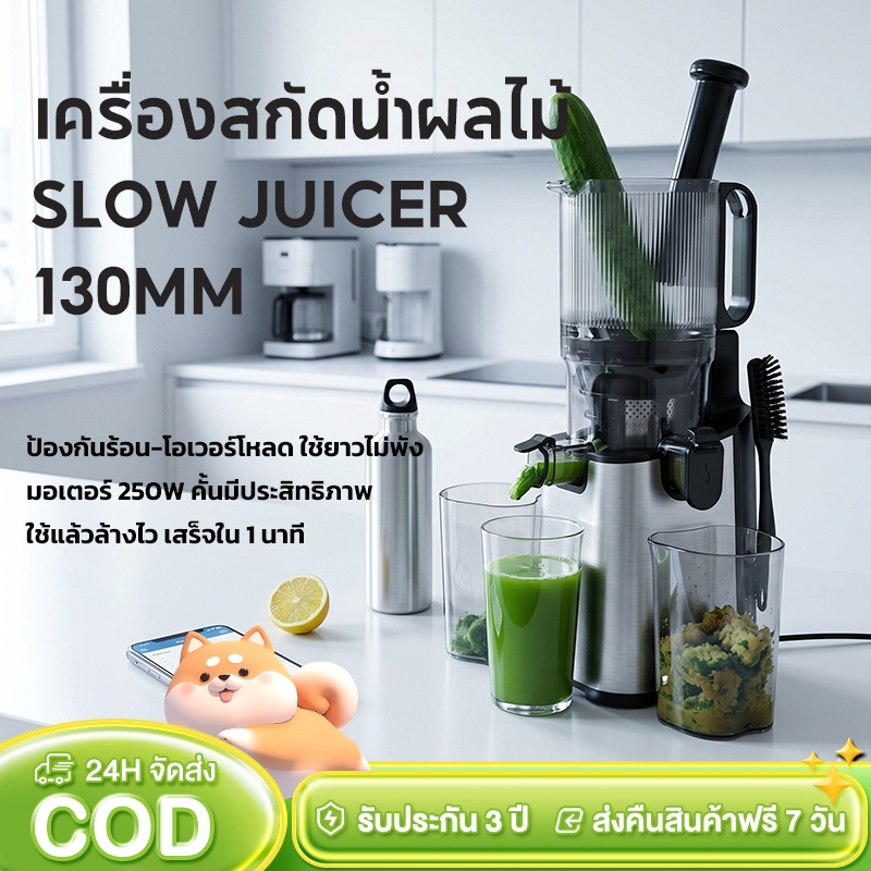 เครื่องสกัดน้ำผลไม้ ปากกว้าง 130mm Slow Juicer สแตนเลส กันร้อน ระบบป้องกันโหลดเกิน Cold Press แยกกาก ขนาดเล็ก