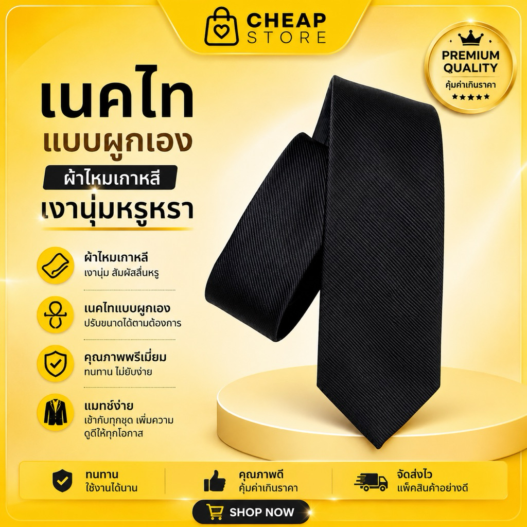 เนกไทสีดำ เนกไทผูกเอง งานคุณภาพ ผ้านุ่มลื่นหรูหรา ผ้าไหมเกาหลี