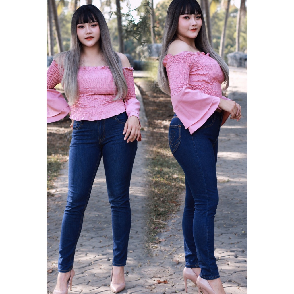 กางเกงยีนส์ผู้หญิง เอวสูง ขาเดฟ ผ้ายืด Skinny Jeans สีน้ำเงินเข้ม เก็บทรง เข้ารูป สไตล์เกาหลี รุ่น ZEBRAGF80 a.64