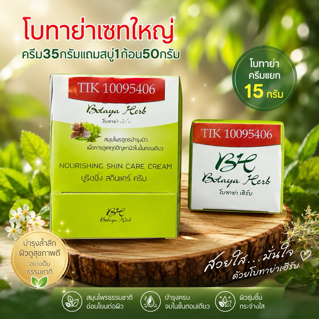 ครีมโบทาย่า เฮิร์บ มี 2 ขนาด ครีมเซทใหญ่ครีม35กรัมแถมสบู่ และครีมแยกขนาด 15 กรัม