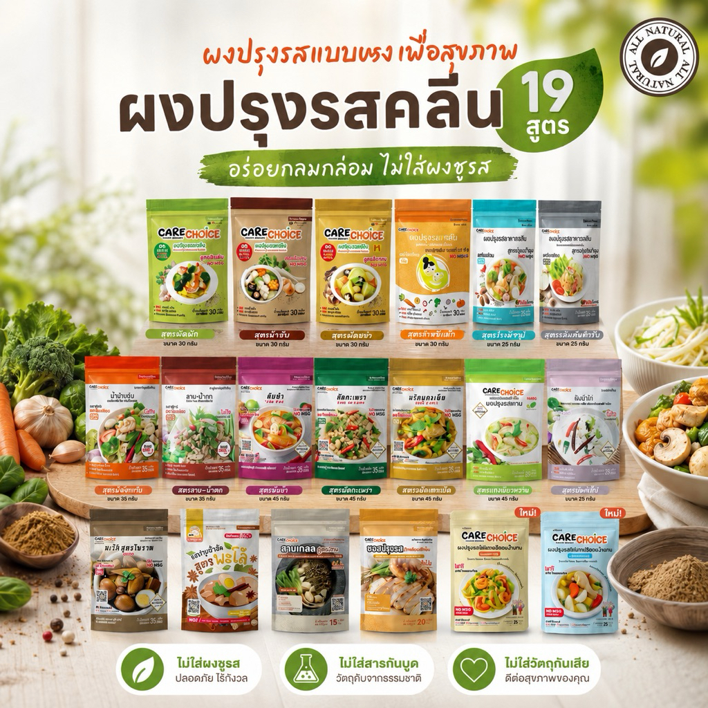 Care choice ผงปรุงรสคลีน แบบซอง ผงปรุงรสจากผัก ผงปรุงรสเพื่อสุขภาพ