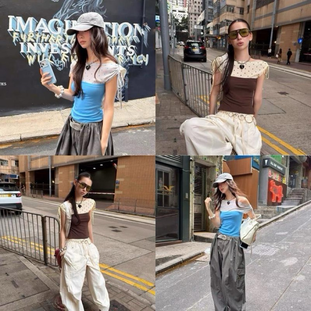 Glamorg1054- เสื้อยืดปาดไหล่ผูกโบว์ ทูโทนลายจุด