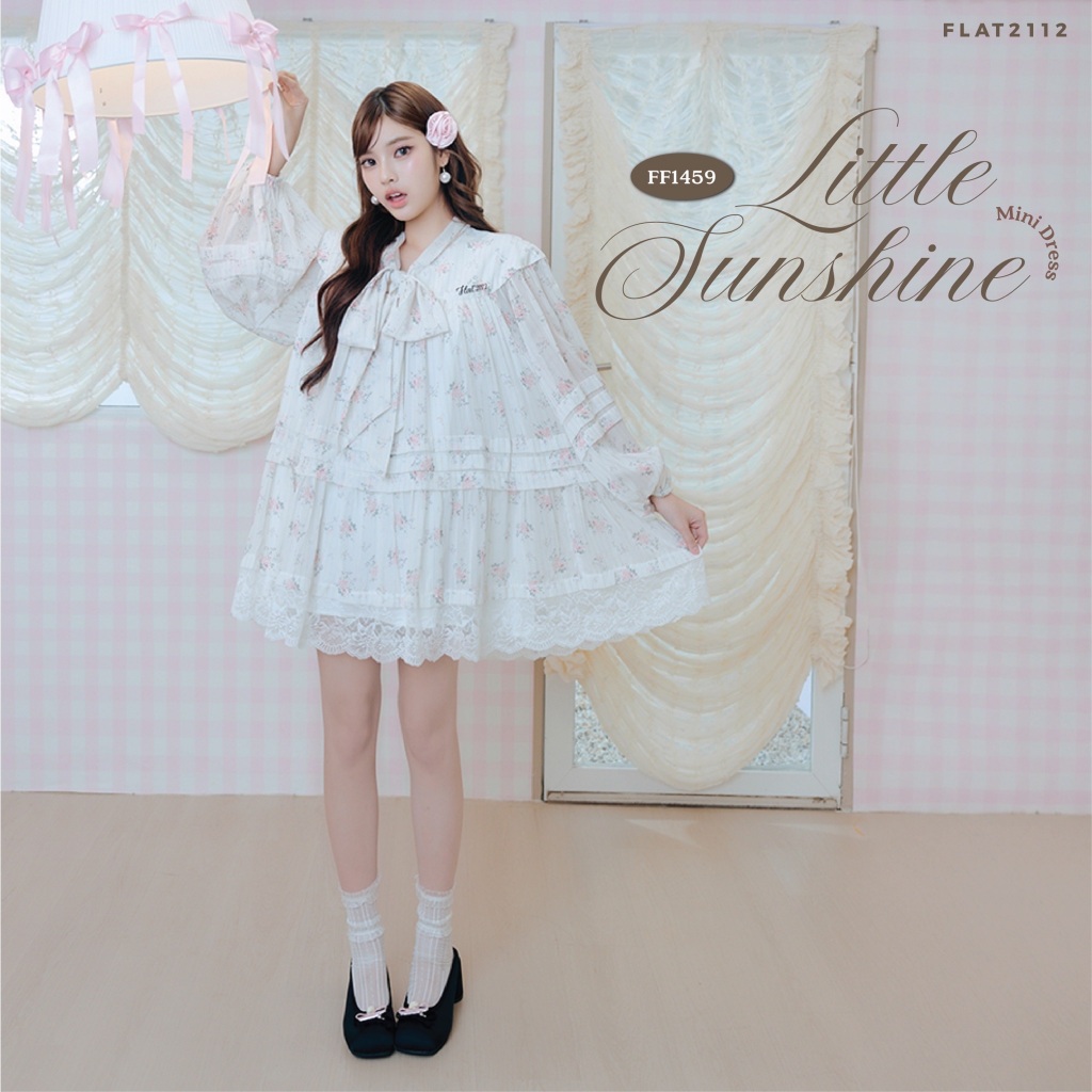 FLAT2112 : LITTLE SUNSHINE MINI DRESS เดรสสั้นลายดอกไม้โทนครีมสุดละมุน เดรสลูกคุณหนู เดรสชีฟอง เดรสระบายชั้น (FF1459)