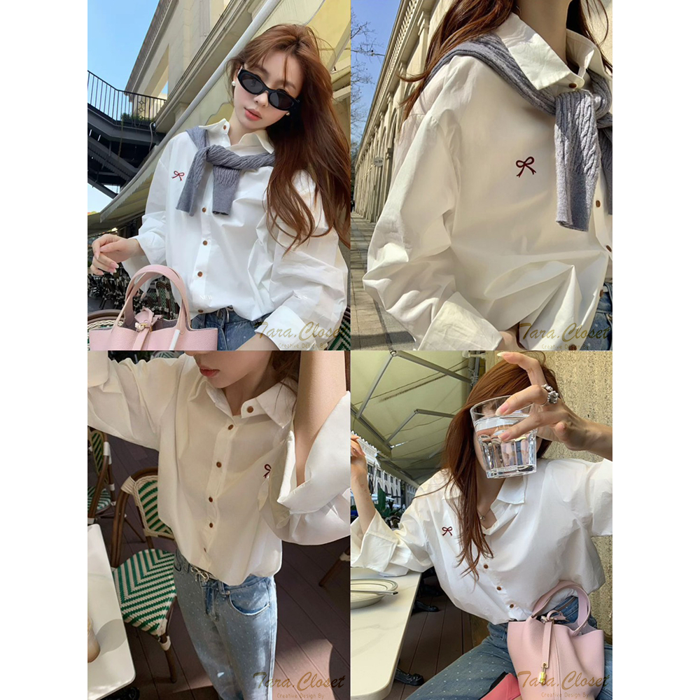 IT137 TARA Shirt เสื้อเชิ้ต คอปก ปักโบว์ แขนยาว กระดุมหน้า เนื้อผ้าไหมอิตาลี ผ้าดี ใส่สบาย ไม่ร้อน