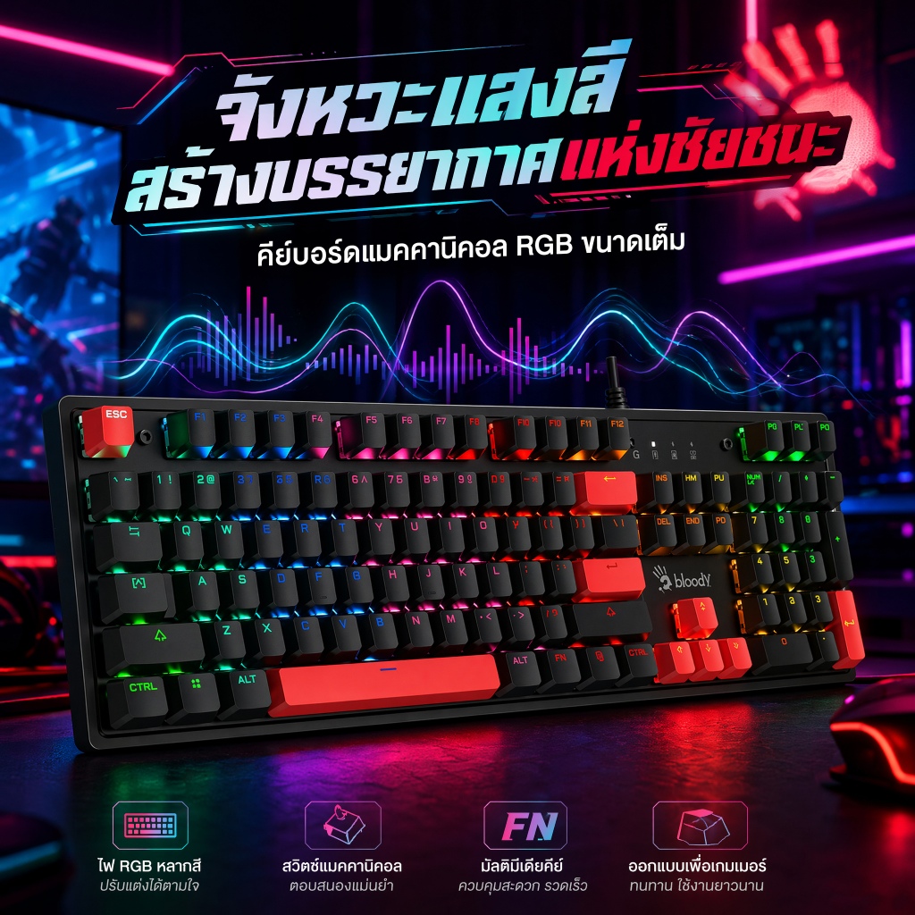 คีย์บอร์ดเกมมิ่ง A4TECH S510R มีสาย RGB 7 สี มัลติมีเดีย ใช้กับ PC และแล็ปท็อป
