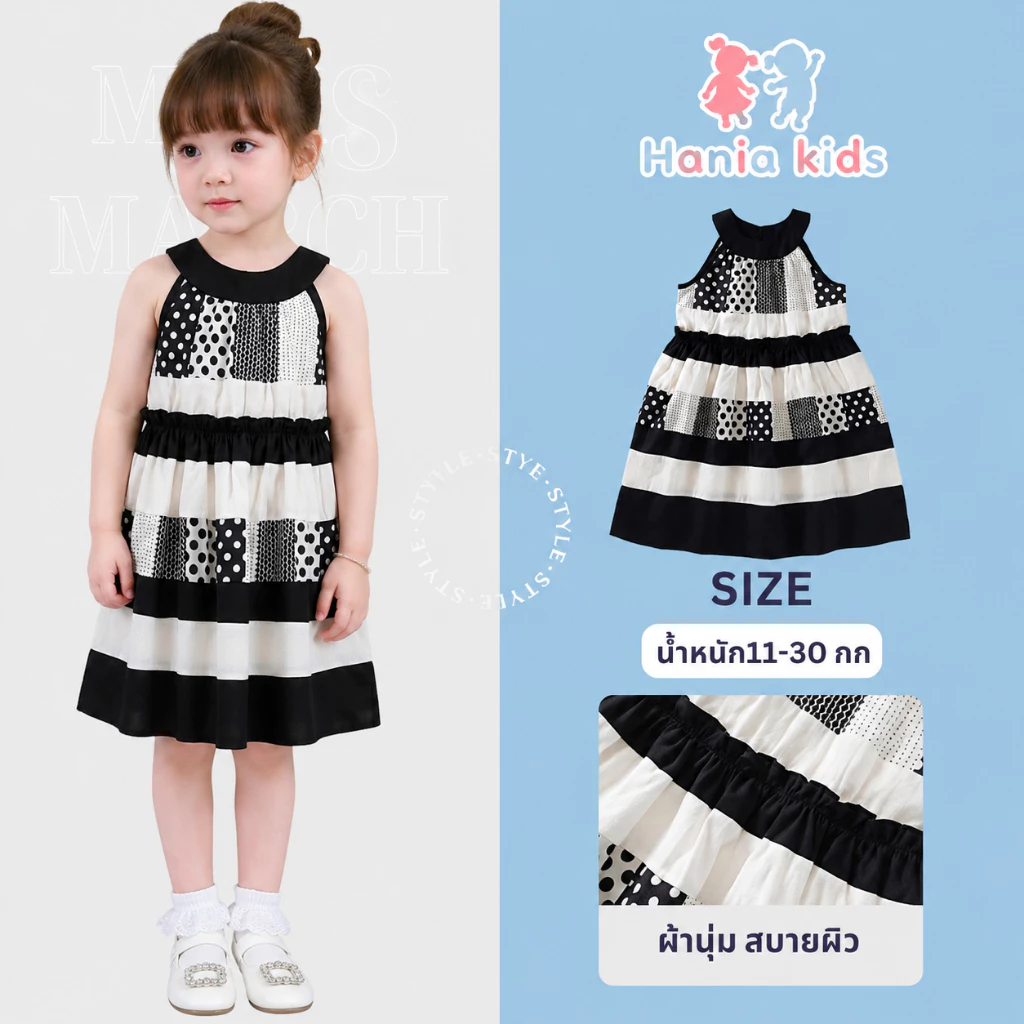 Hania kids พร้อมส่ง ชุดเดรสเด็ก สีขาวดำลายจุด ผ้าฝ้าย ชุดเดรสแฟชั่นเด็กผู้หญิง K6125980