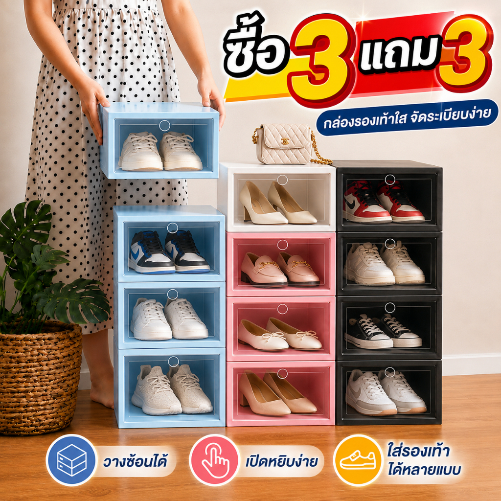 กล่องรองเท้าพลาสติกใสหนา ทรงแข็งวางซ้อนได้สูง ฝาเปิดง่าย จัดระเบียบรองเท้า