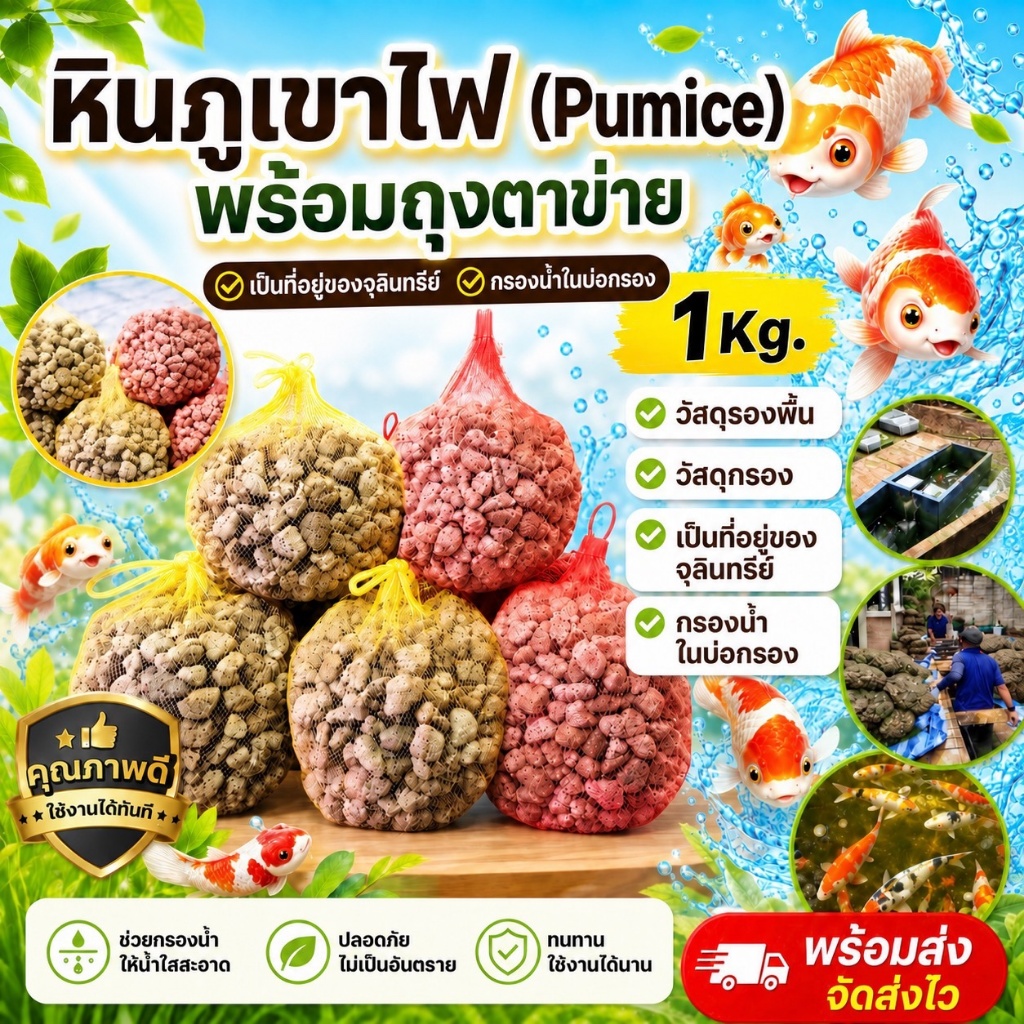 หินภูเขาไฟ 1 kg. หินกรองน้ำ พร้อมถุงตาข่าย เกรดA ฝุ่นน้อย วัสดุกรองตู้ปลา หรือใช้รองพื้นกระถางต้นไม้ ขนาดเม็ด 2-4cm.