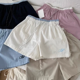 cherryshop พร้อมส่ง กางเกงขาสั้นสีน้ำเงินเชือกผูกเอวสไตล์เกาหลีสำหรับผู้หญิงที่สวมใส่สบายในช่วงฤดูร้อน