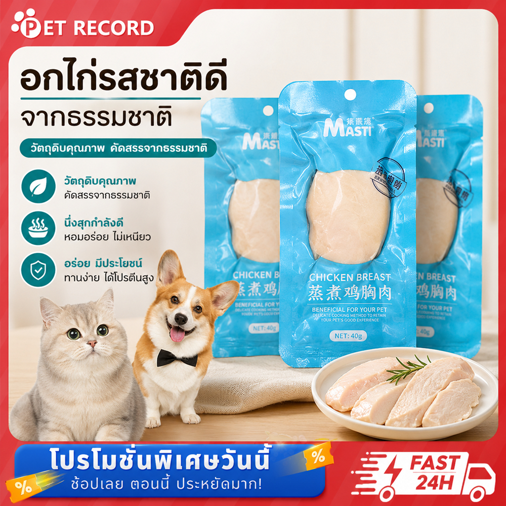 อกไก่คลีนแมว อกไก่นึ่งปลอดสาร ❤️พกพาง่าย ✅หนึ่งซองต่อวัน อาหารเปียกแมว ขนมหมา แมว สุขภาพดี 40g