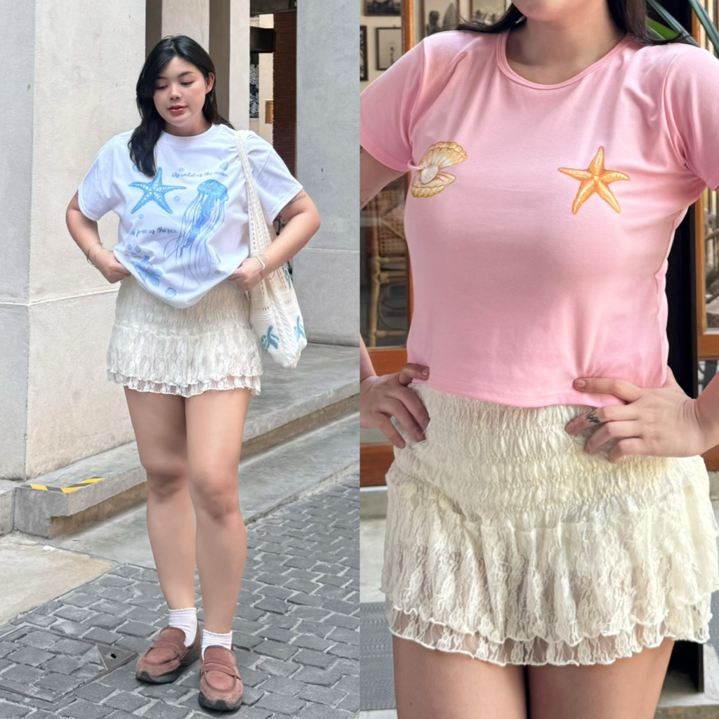 Samesize กระโปรงสั้นลูกไม้สีขาว เอวสมอค แต่งชั้น มีซับใน ไซส์สาวอวบ