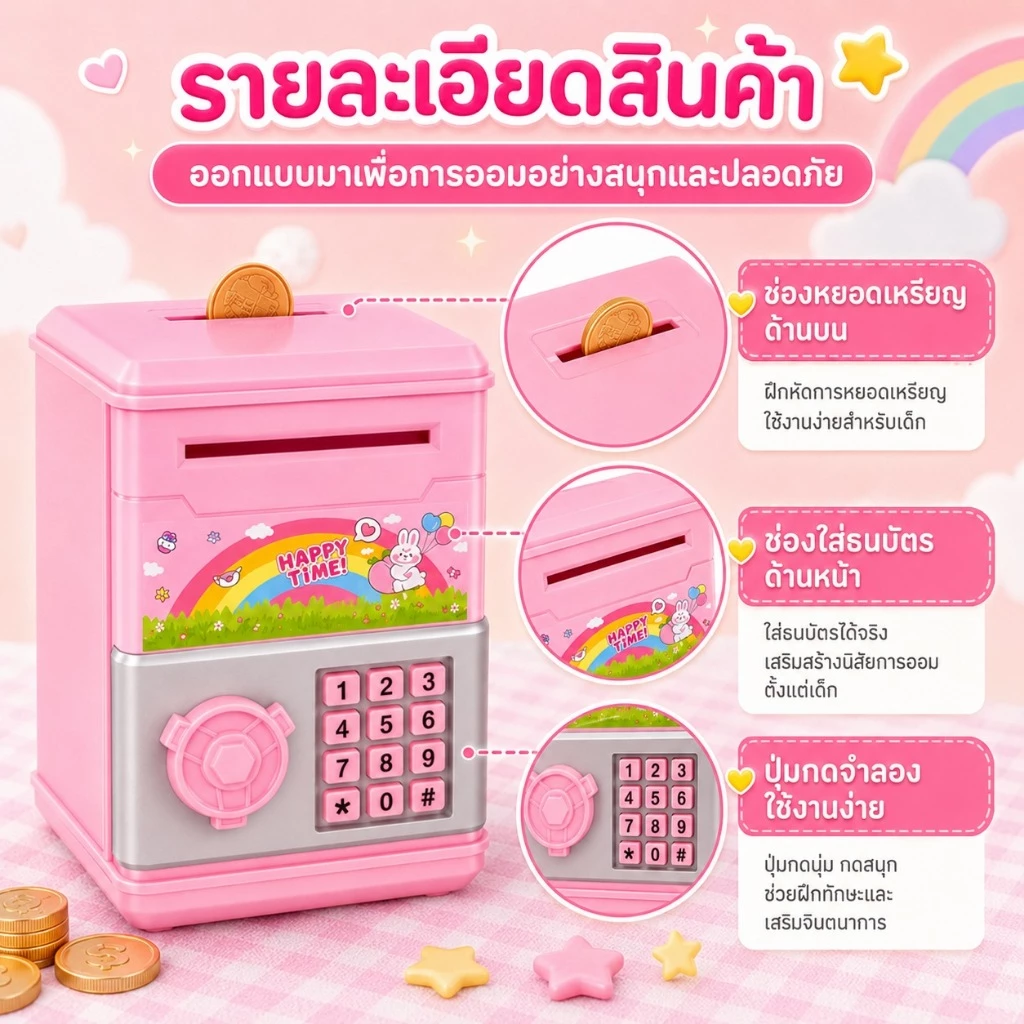 KiKi กระปุกออมสิน ATM 3 สี ใส่เหรียญธนบัตรได้ ปุ่มกดจำลอง ของขวัญเด็ก thumbnail 8