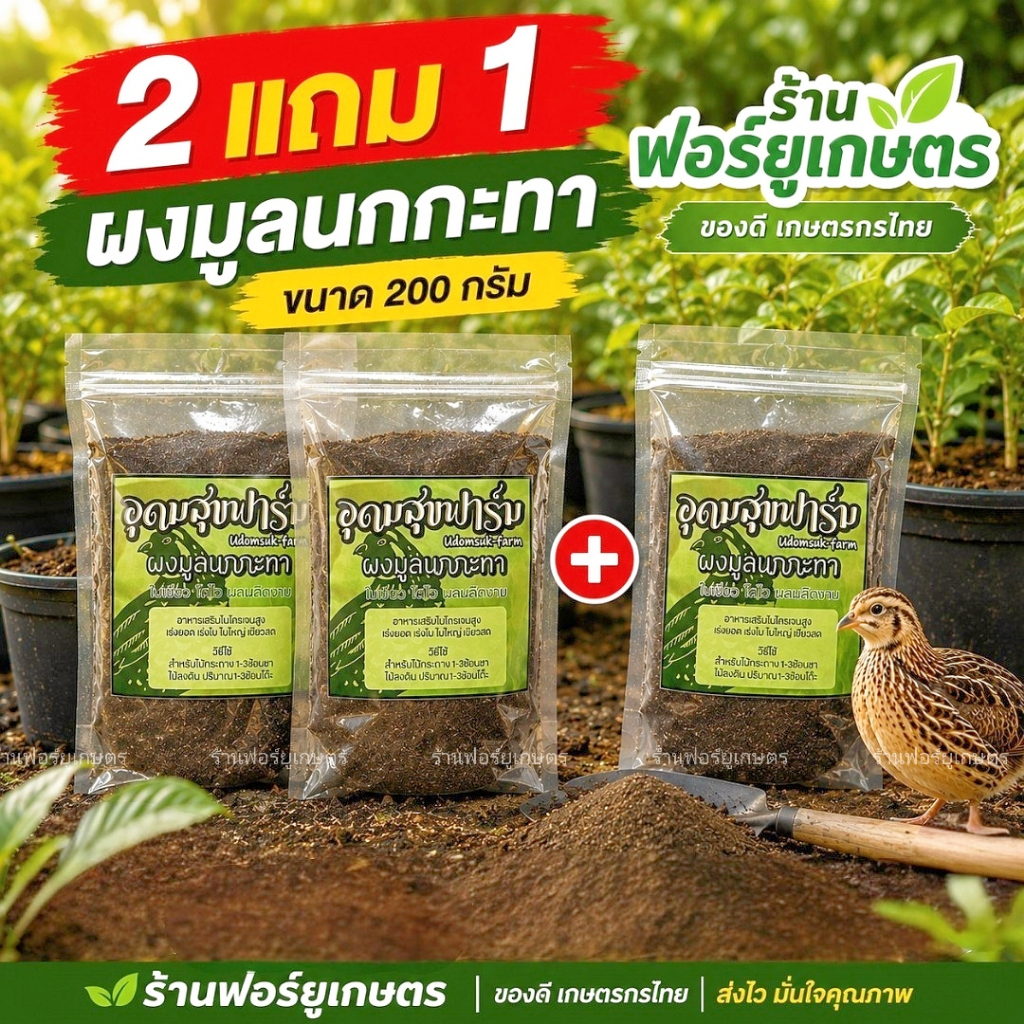 ปุ๋ยมูลนกกระทาแท้ 200 กรัม เร่งใบเขียว พืชโต บำรุงดิน เพิ่มผลผลิต ใช้ได้กับต้นไม้ทุกชนิด โปร 2 แถม 1
