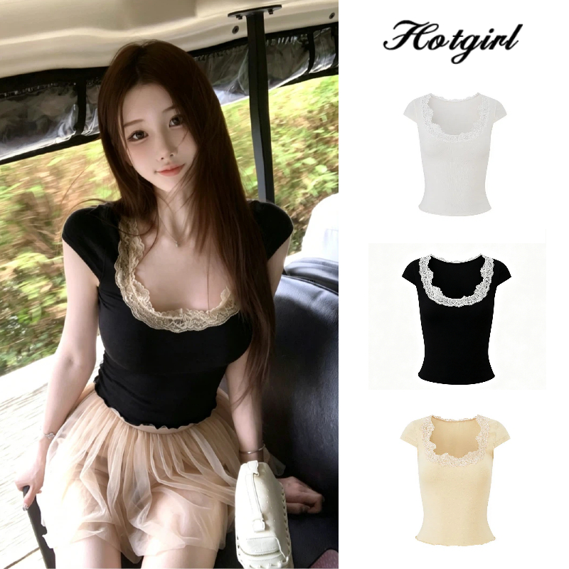 Hotgirl พร้อมส่ง เสื้อยืดแขนสั้นผ้าลูกไม้ปะติดปะต่อสำหรับผู้หญิง ปลอกคอยู สไตล์สลิมสั้น สไตล์สาวฮอตเกาหลี