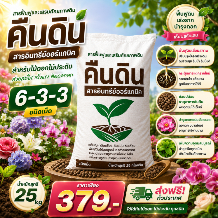 ปุ๋ยเม็ด 633 ฟื้นฟูดินเสื่อมสภาพ ดินร่วนซุย กระตุ้นการแตกรากใหม่ รากเดินไว คืนดิน กระสอบ 25kg