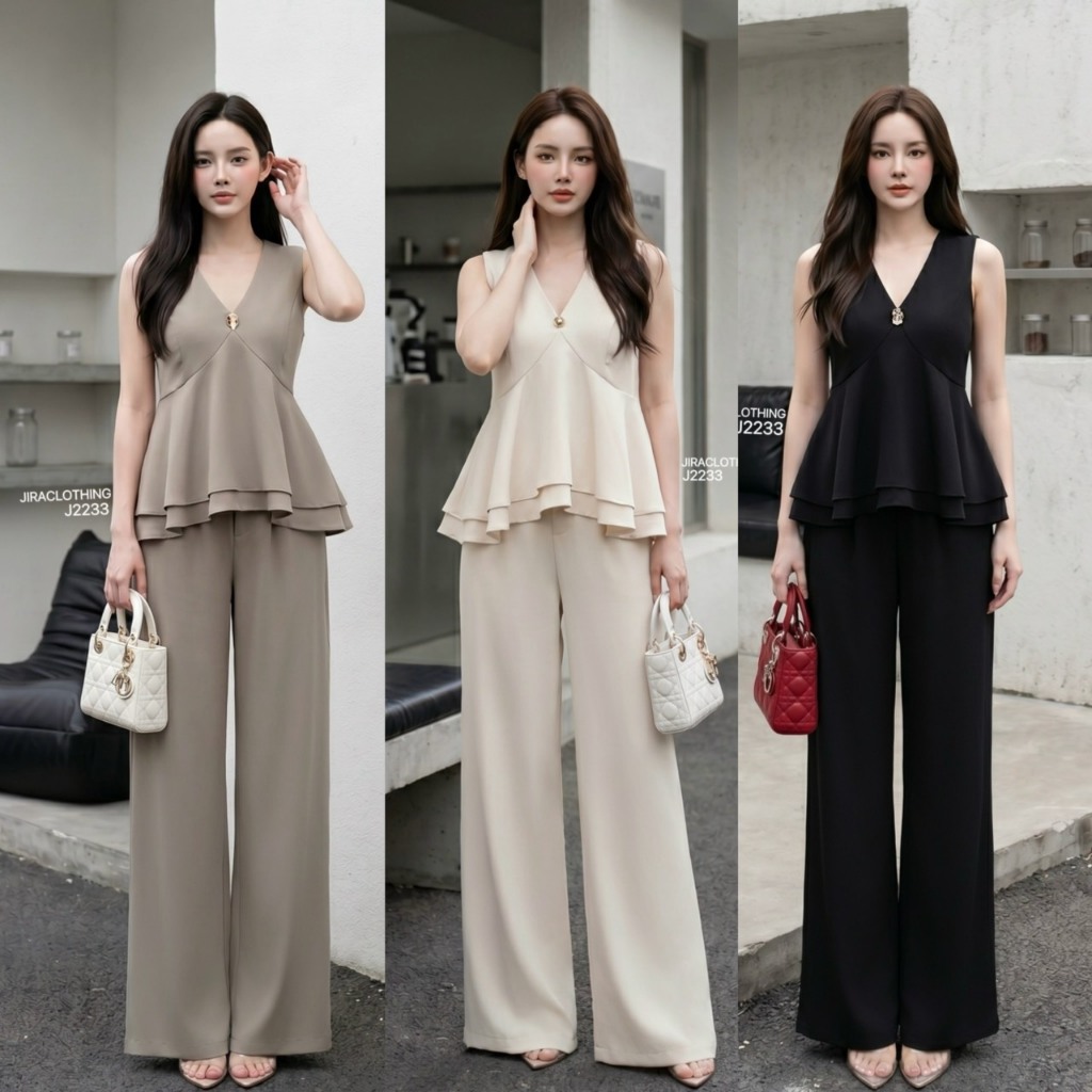 J2233 JiraClothing เซตเสื้อคอวีทรง Peplum +กางเกงขายาวทรงกระบอกใหญ่
