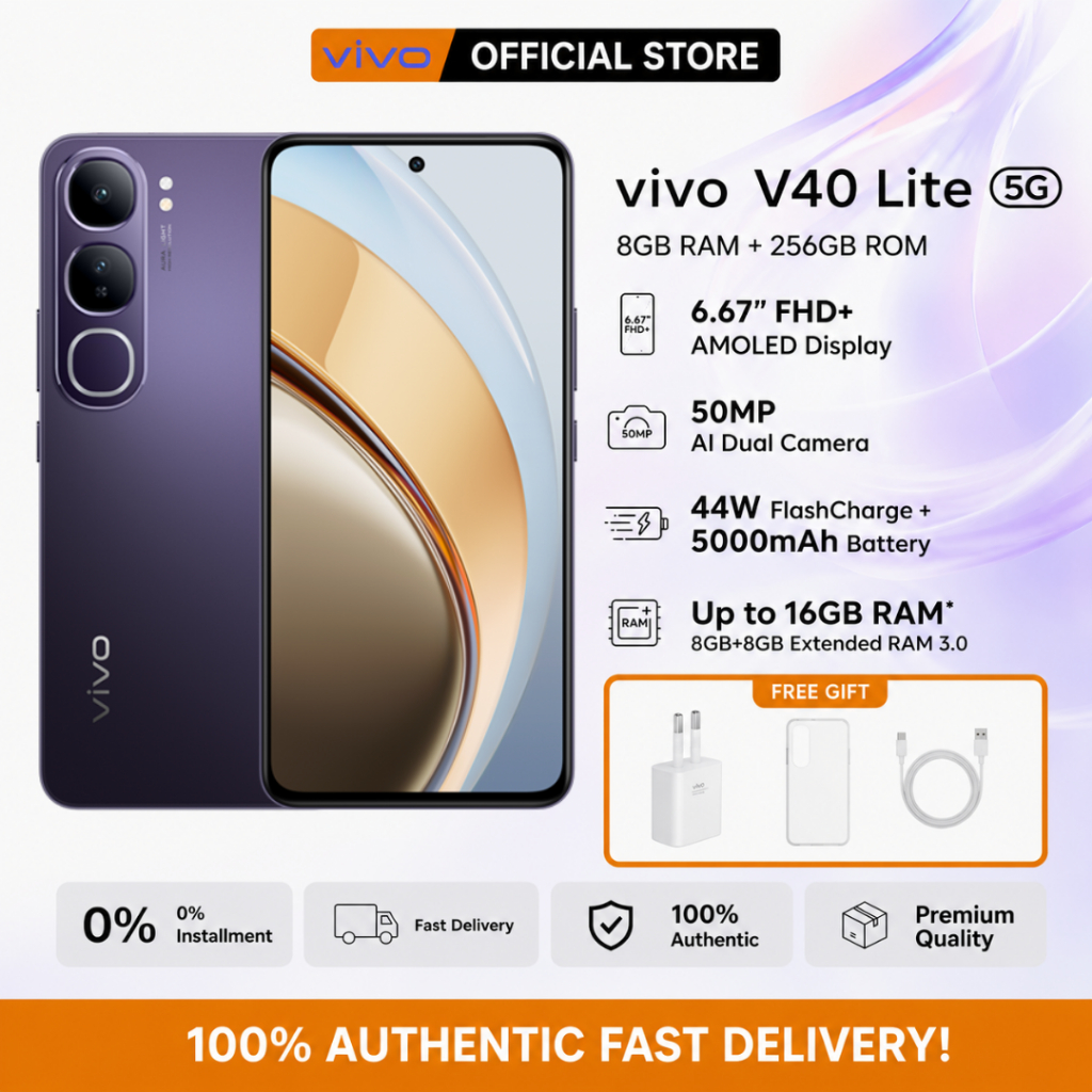 Vivo V40 Lite 5G (8+256GB) กล้องสวย 50MP แบตใหญ่ 5500mAh ชาร์จไว 44W ของแท้ ประกันศูนย์ไทย