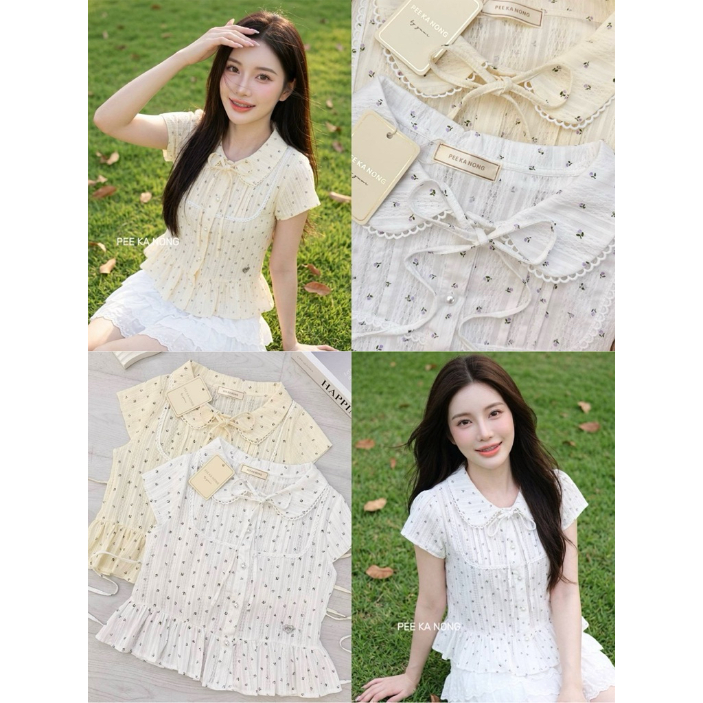 เสื้อคอบัว ลายดอก🪻กระดุมมุก ติดอะไหล่ที่ชายเสื้อ ทรงน่ารักมากค่าา