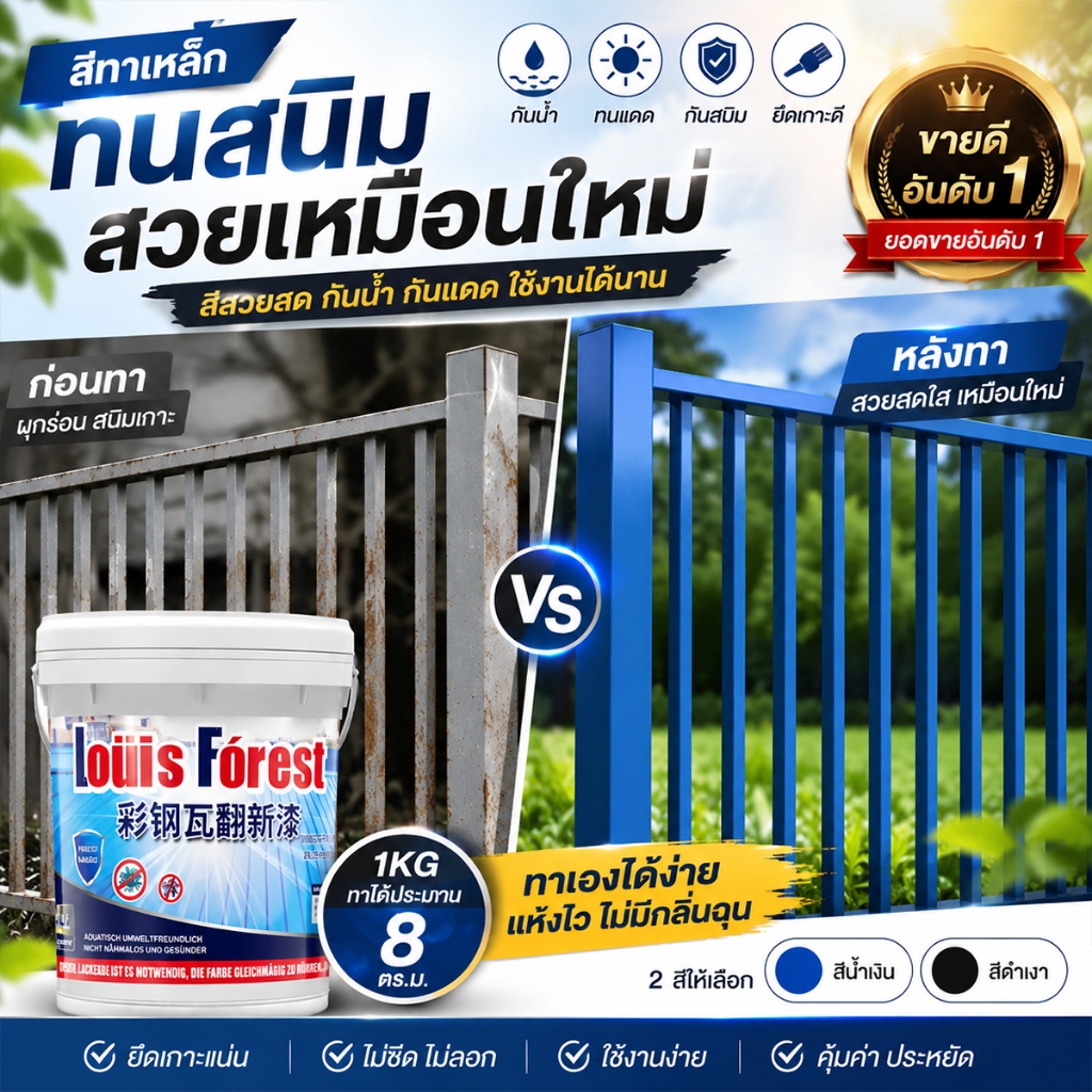 สีทาเหล็ก 1000g สีทาสนิมเหล็ก กันน้ำ กันแดด กันความชื้น สีสด ติดทนนาน ใช้ได้ทั้งภายในและภายนอก แถมอุปกรณ์ สีกันสนิม