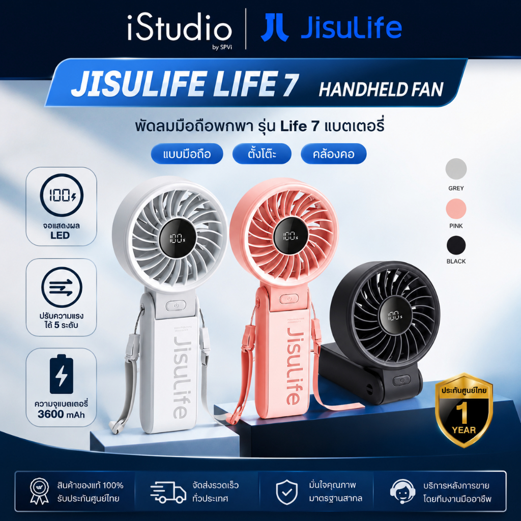 JisuLife พัดลมแบบพกพา ขนาดเล็ก [3600mAh | 5000mAh] พัดลมพับได้ ปรับได้ 5 ระดับ ลมแรง และเงียบ