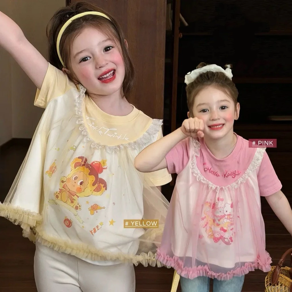 BB328 เสื้อยืดเด็กผู้หญิงฤดูร้อน ดีไซน์ซ้อนผ้าตาข่ายขอบลูกไม้ ลายตัวการ์ตูนสัตว์น่ารัก มี2สีเหลือง-ชมพู