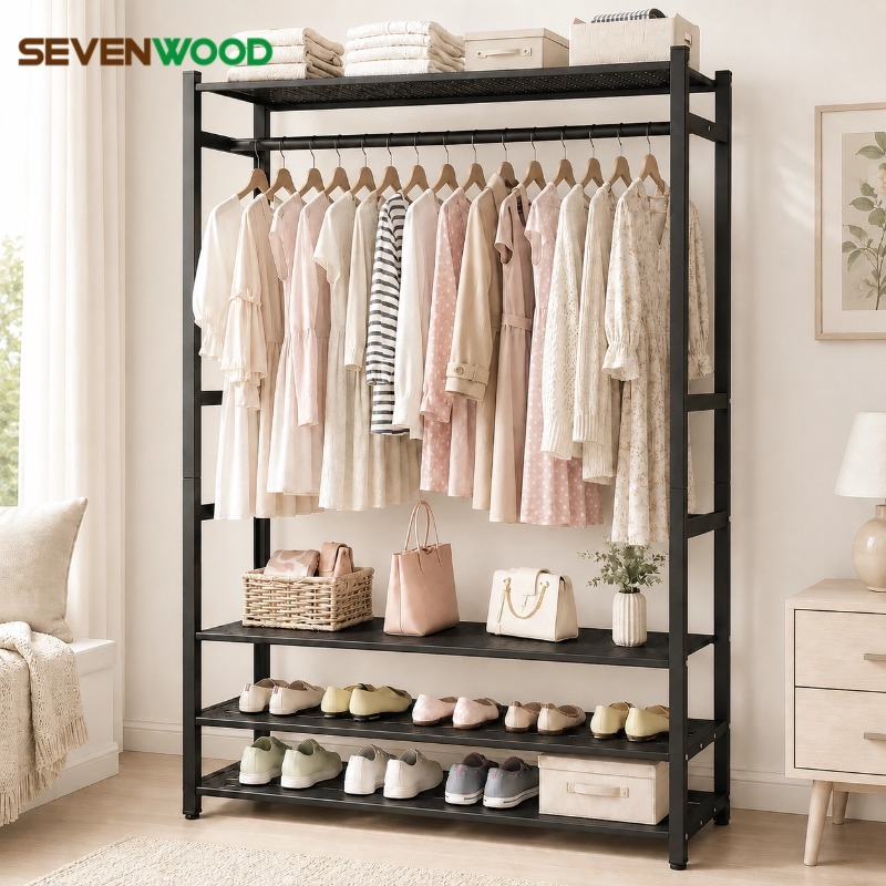 SEVENWOOD ราวตากผ้า ราวผ้า ตู้เสื้อผ้า ชั้นวางเสื้อโค้ทห้องนอน ราวแขวนผ้าพร้อมชั้นวาง ดีไซน์เรียบง่าย ติดตั้งง่าย