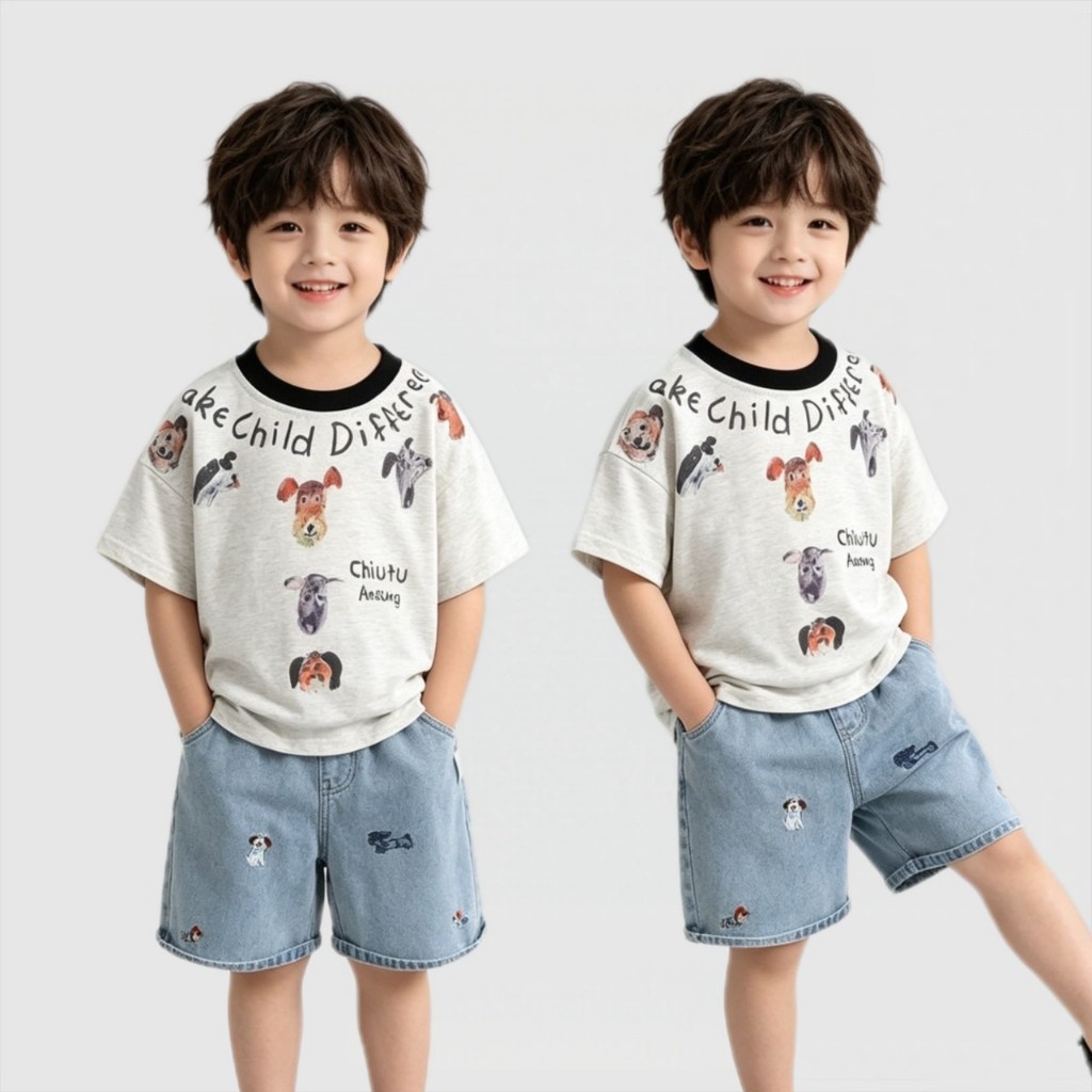 BB333  เซ็ตเสื้อยืดเด็กผู้ชาย + กางเกงยีนส์ขาสั้น ลายหมาหลายตัวน่ารัก