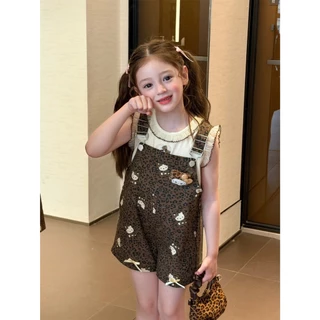 AY340 ชุดเซ็ตเด็กผู้หญิงสีครีม-น้ำตาล เสื้อกล้ามลูกไม้ + ชุดเอี๊ยมขาสั้น