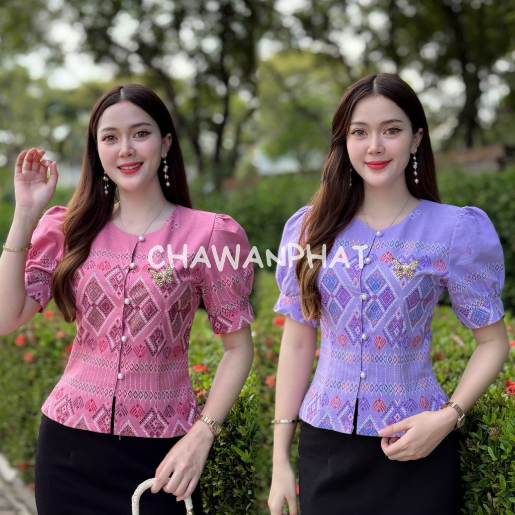 [อก 34-46] 🖤𝙅𝙏 เสื้อคอจีนผ้าฝ้ายพิมพ์ลายไทย คอกลม แขนตุ๊กตา แต่งกระดุมมุก