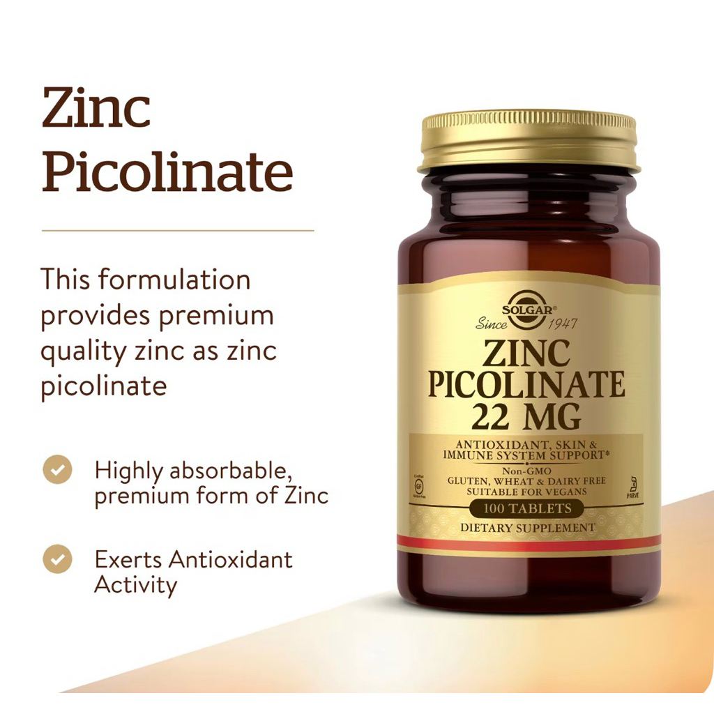 Solgar Zinc Picolinate, 22 mg, 100 Tablets , ซิงค์พิโคลิเนต 22 มก. บรรจุ 100 เม็ด