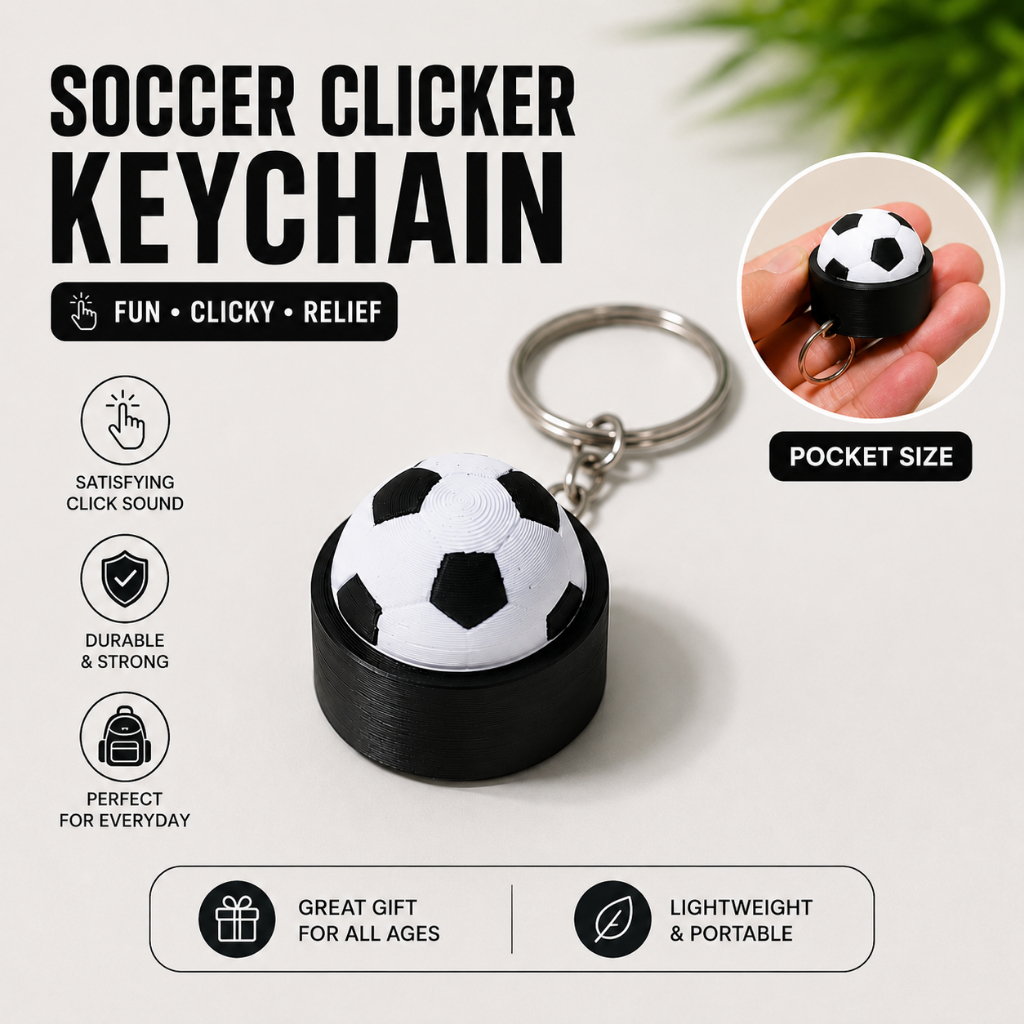 พวงกุญแจลูกฟุตบอลคลิกเกอร์กดได้ มีเสียงคลิก ASMR ฟิดเจ็ตคลายเครียด Soccer Clicker งานพิมพ์ 3D ของจิ๋วสำหรับคนรักฟุตบอล