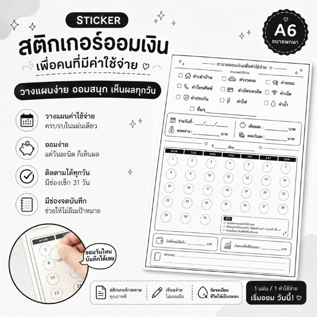 สติกเกอร์ตารางออมเงิน เพื่อค่าใช้จ่าย ขนาด A6 (ขาวดำ)บันทึกรายจ่าย ตารางออมเงิน ใบออม สตก