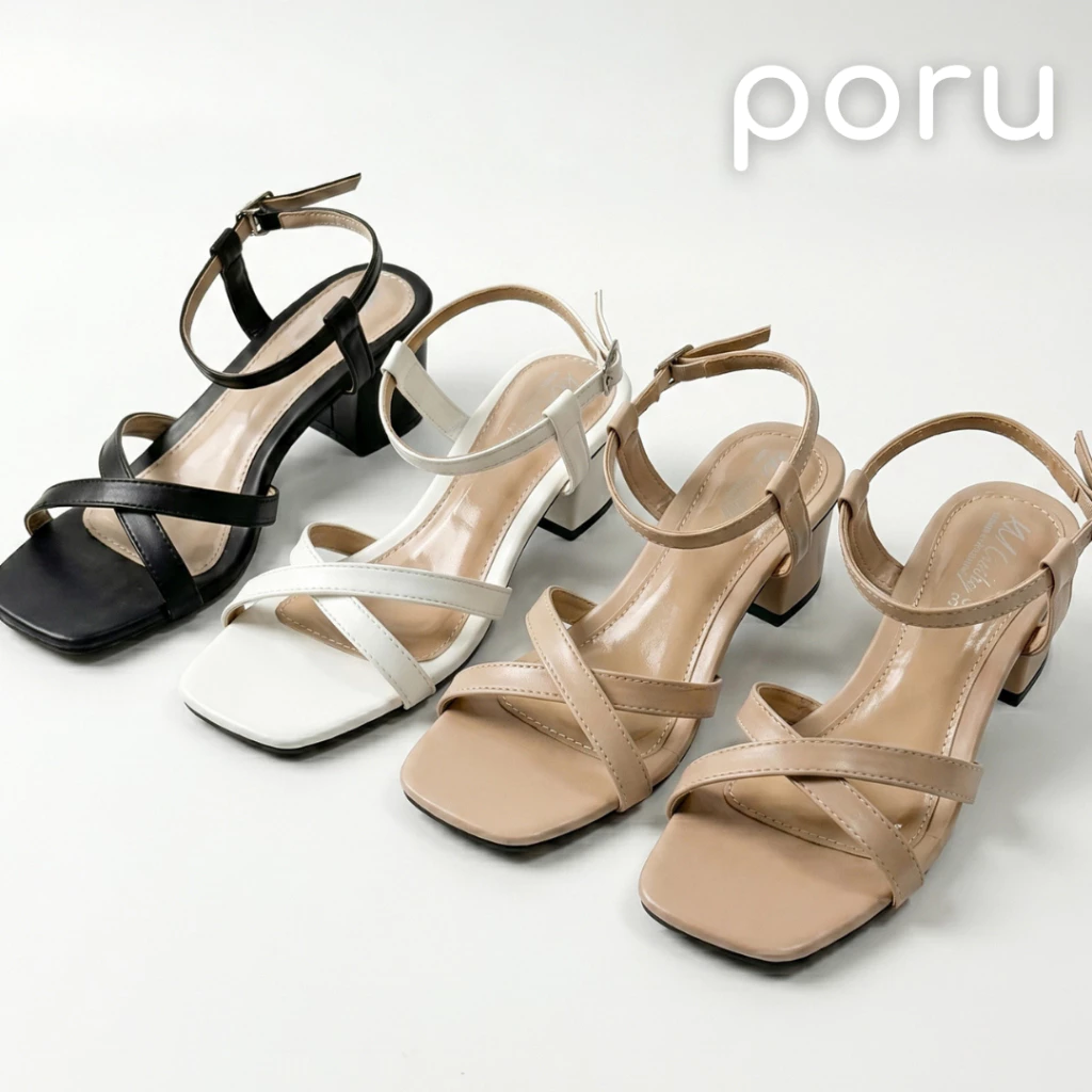 [ส่งฟรี]PORU รองเท้าส้นสูงผู้หญิง 1 นิ้วครึ่ง สายไขว้หน้า รัดข้อเท้า ปรับสายได้ ใส่ทำงาน ไปงานแต่ง