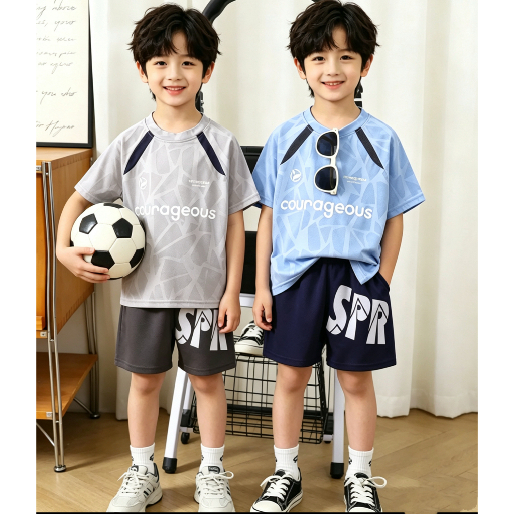 ชุดกีฬาเด็ก เสื้อยืดแขนสั้น+กางเกงขาสั้น สไตล์สปอร์ต ผ้าเบา  ระบายอากาสดี size3-9ปี  QF