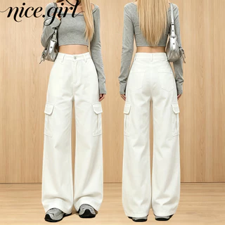Plus Size~cargo pants White Multiple colors available กางเกงยีนส์ลำลองทรงตรงขาบาน ดีไซน์ทันสมัย มีหลายกระเป๋า HOT