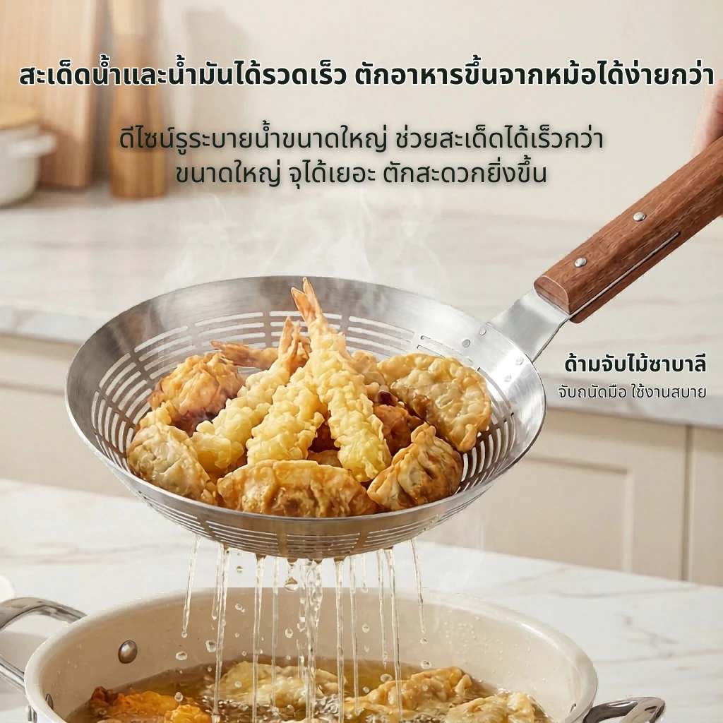 กระชอนสแตนเลสตักของทอด ด้ามไม้ แบบหนาทนทาน กระชอนกรองอาหาร มี22cm-24cm-26cm-28cm-30cm-32cm PT4 คุณภาพพรีเมี่ยม ทนทาน