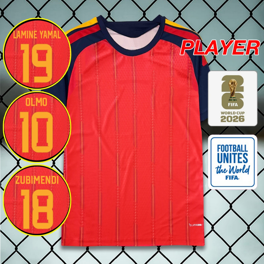 เสื้อบอล เสื้อเพลเยอร์ทีมชาติ สเปน เหย้า รุ่นฟุตบอลโลก2026 อาร์มWC/ชื่อเบอร์นักเตะในทีม/ไซส์S-2XL #PY0105