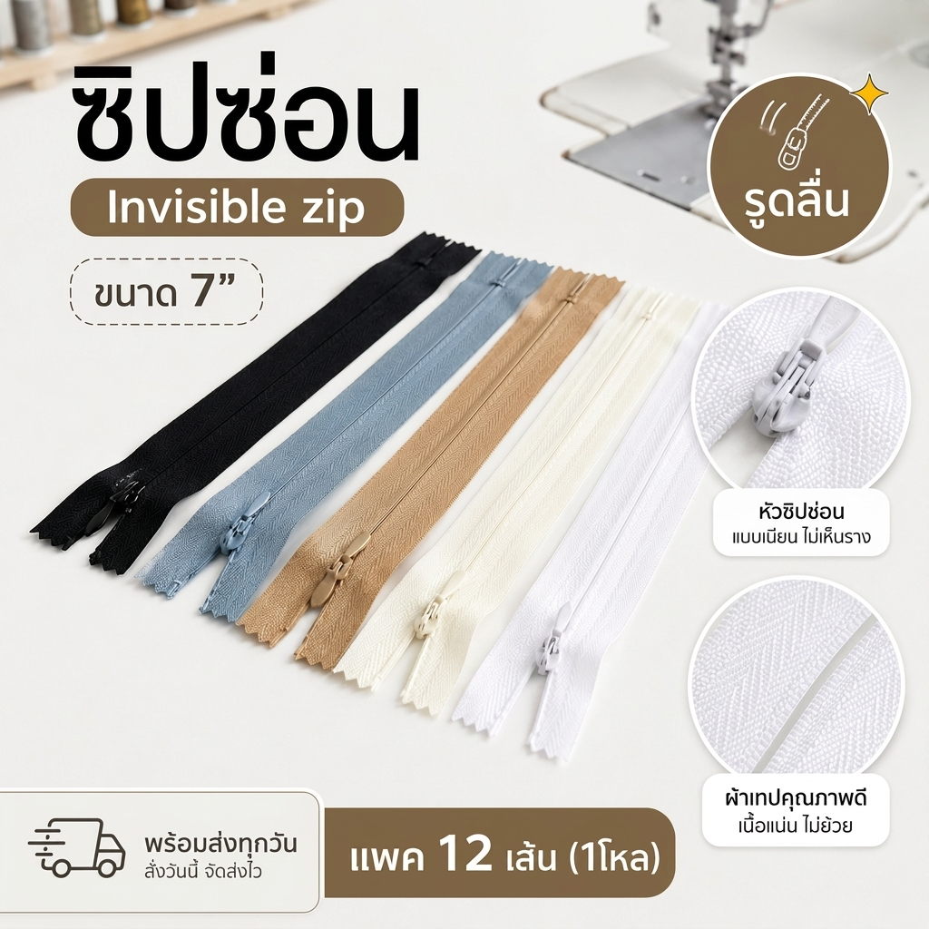 VM zipp ซิปซ่อน 7 นิ้ว (แพค 12 เส้น) รูดลื่น คุณภาพดี ซิปเสื้อผ้า DIY พร้อมส่ง
