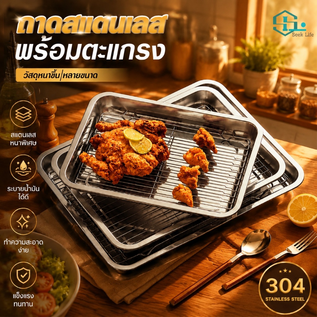 ชุดถาดสแตนเลส 304 พร้อมตะแกรง เนื้อหนาพิเศษ มี 14 ขนาด ถาดอบขนม ถาดทอดไก่ ระบายน้ำมันได้ดี เกรดอาหาร