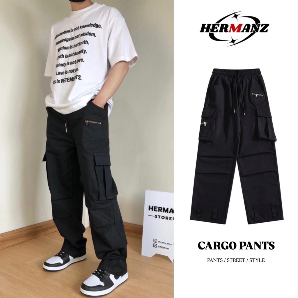 [HERMANZ] กางเกงคาร์โก้ (ฮิตมาก) กางเกงขายาวแนวสตรีทสีดำ