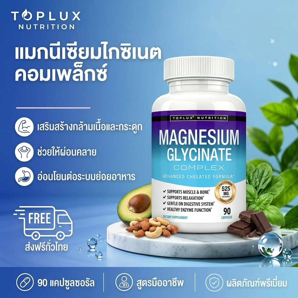 Toplux แมกนีเซียม Glycinate 525mg ดูดซึมสูง ช่วยกล้ามเนื้อ นอนหลับ ตะคริว ฟื้นตัว Bisglycinate เวแกน 90 แคป #Toplux #แมก