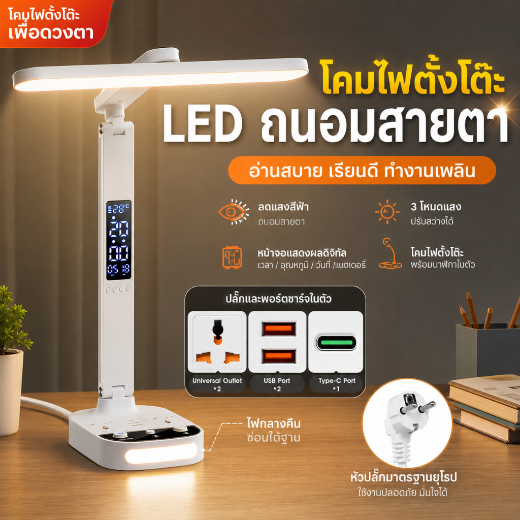 มีปลั๊กUSB-C ในตัว โคมไฟตั้งโต๊ะ ปรับสี3แบบ ปรับความสว่าง ถนอมสายตา นาฬิกาดิจิตอล สำหรับอ่านหนังสือ