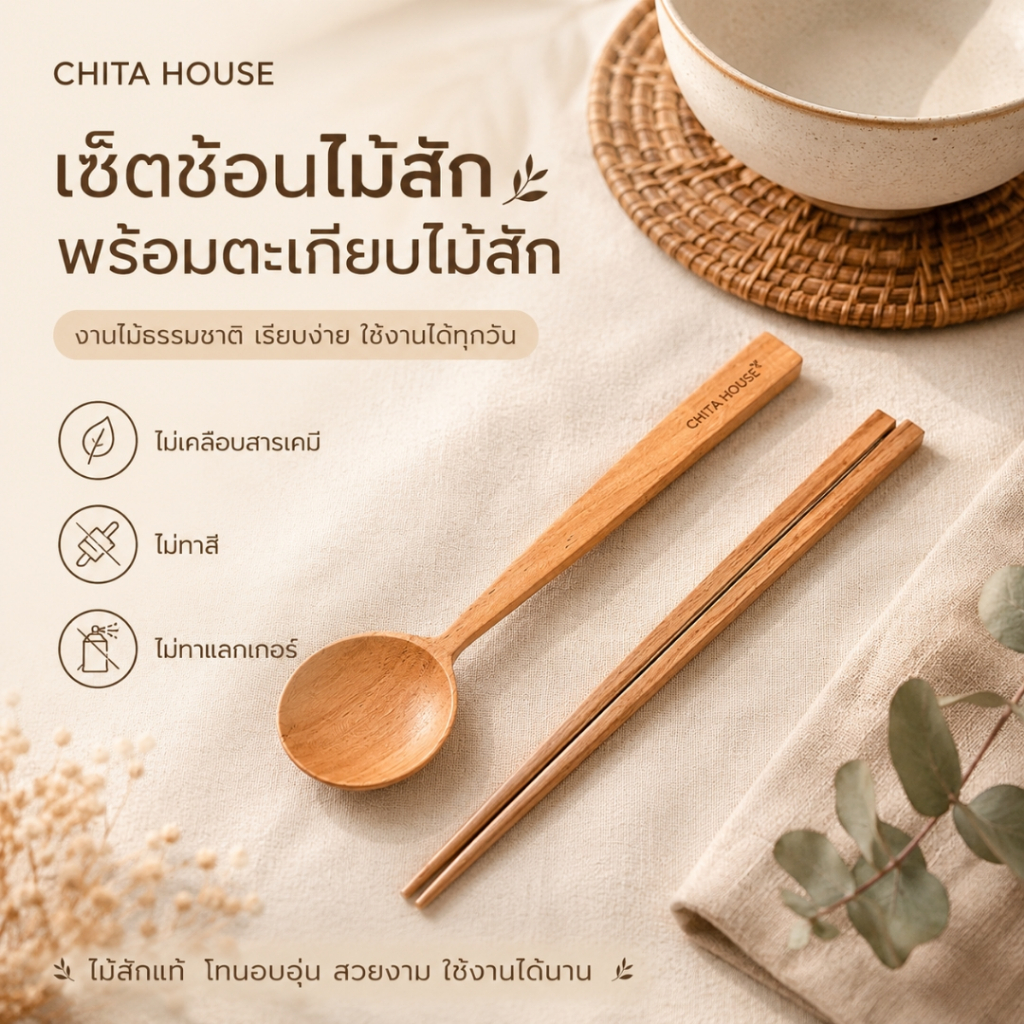 เซ็ตช้อนไม้สัก พร้อมตะเกียบไม้สัก ช้อนไม้ อุปกรณ์ทานอาหาร ไม่เคลือบสารเคมี CHITA HOUSE สินค้า OTOP ( B-008 )